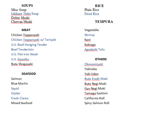 wafu teppan menu list